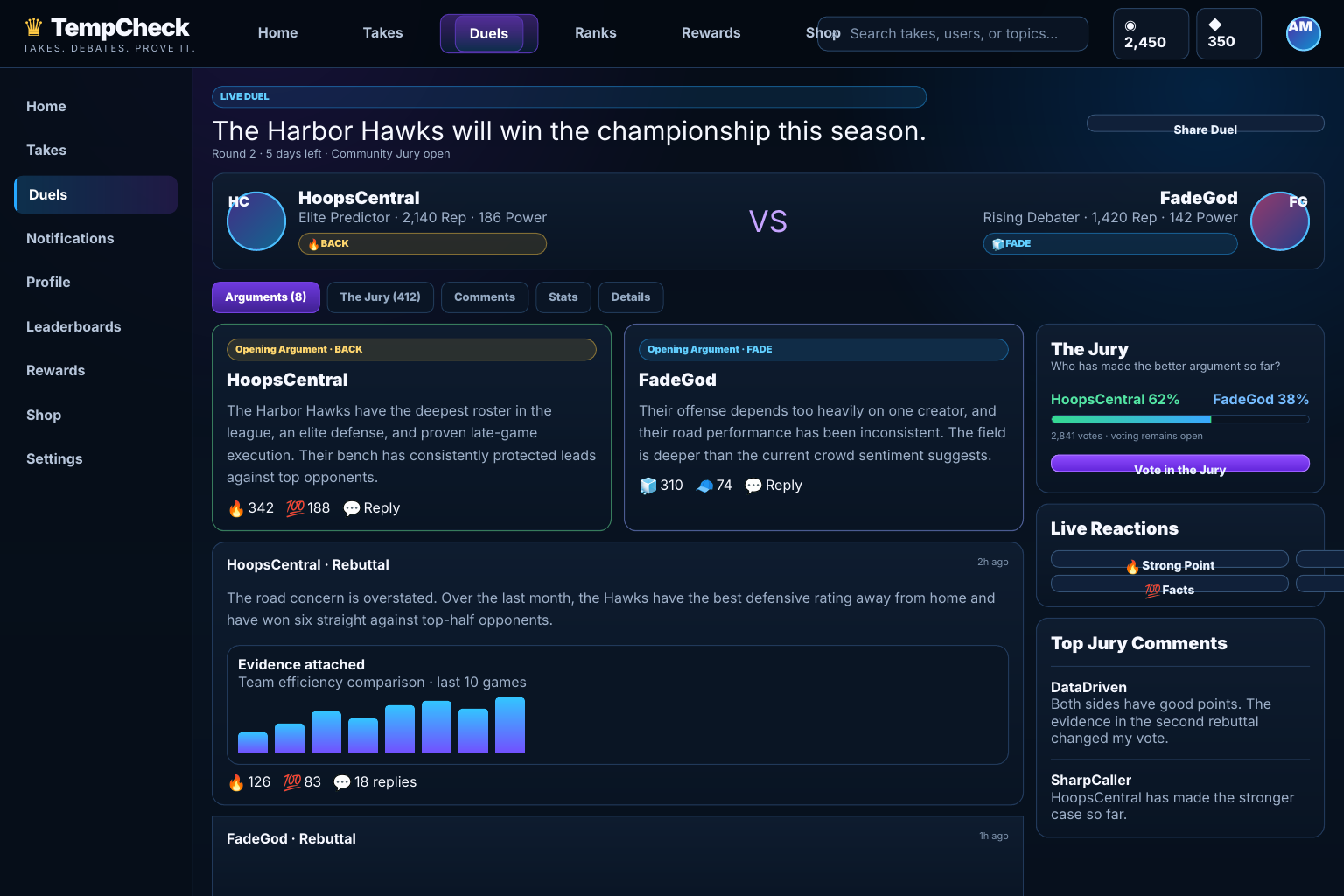 Duel Arena with two duelists, their reputation and power, opening arguments side by side, a rebuttal with an evidence chart, and a live jury split.