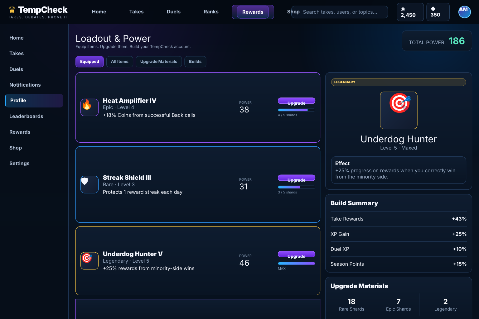 Loadout and Power screen with equipped items, each with a power score and an upgrade bar, a legendary item detail panel, and a build summary of total bonuses.