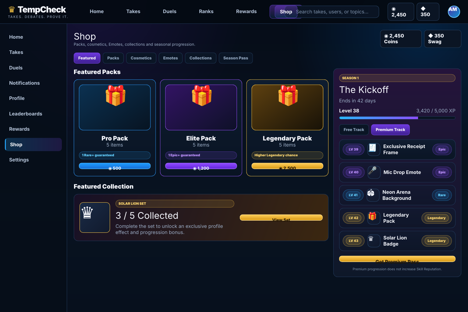 Shop screen with three packs of different prices, a Solar Lion collection partially completed, and a season pass panel listing rewards.