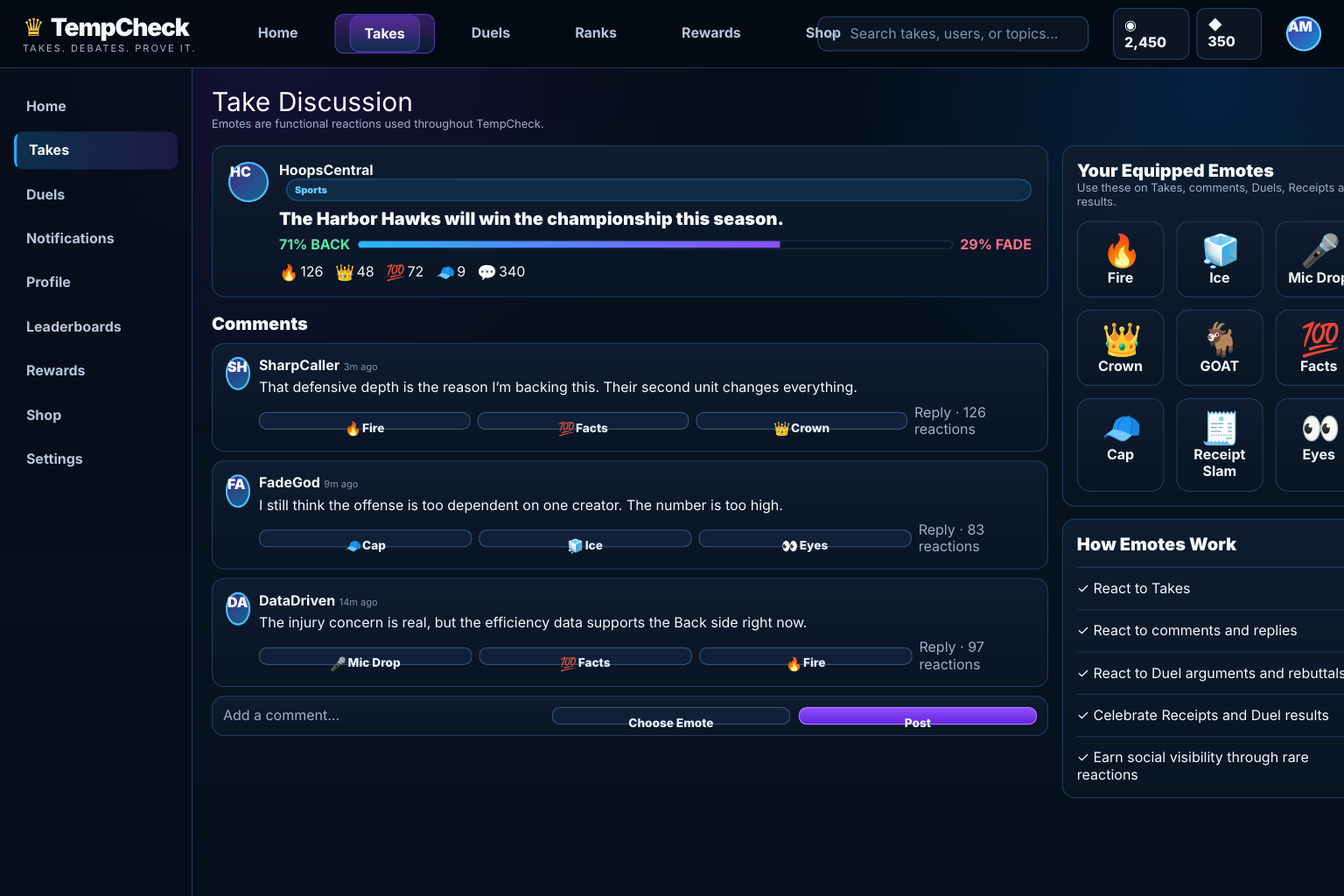 Take discussion with comments, emote reaction buttons, and a comment composer for choosing an emote.