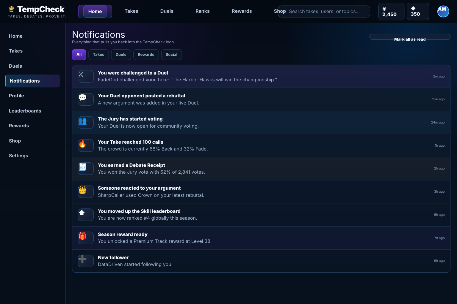 Notifications list showing a duel challenge, a rebuttal posted, jury voting started, a take reaching 100 calls, a debate receipt earned, a reaction received, a leaderboard move, a season reward and a new follower.